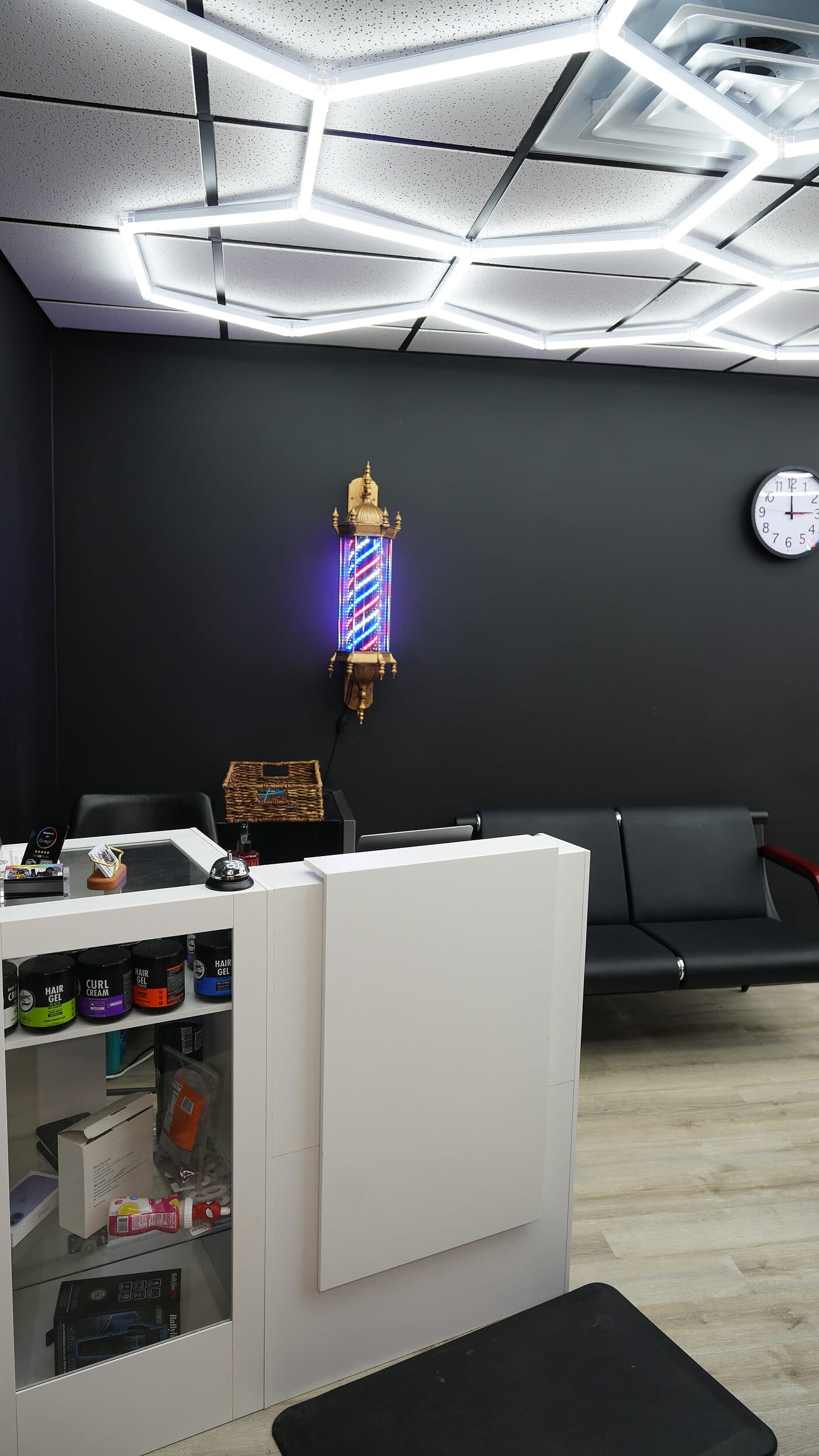 Front desk and grooming products at Oscar A. Barber